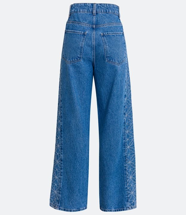 Pantalón Años 90 Cintura Alta en Jeans con Bordados Florales de Mandalas Azul 6