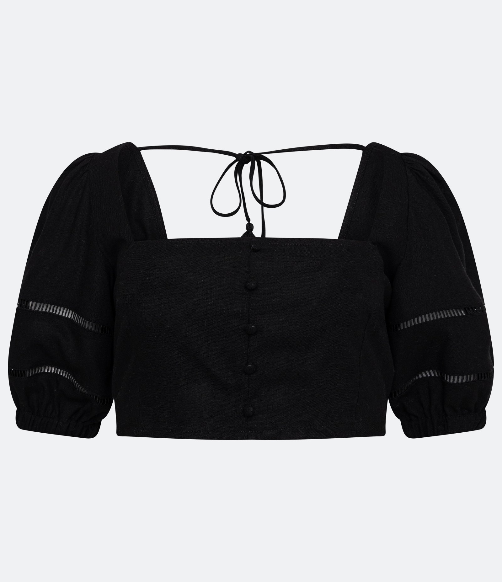 Blusa Cropped em Linho com Manga Bufante e Lastex nas Costas Preto 6