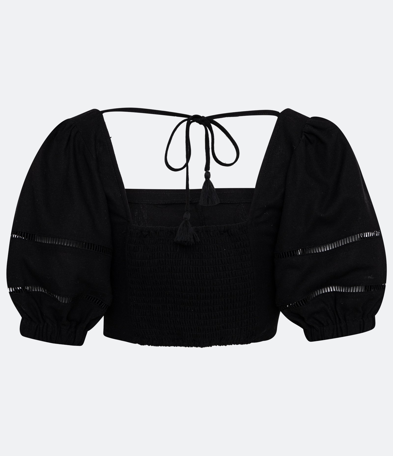 Blusa Cropped em Linho com Manga Bufante e Lastex nas Costas Preto 7