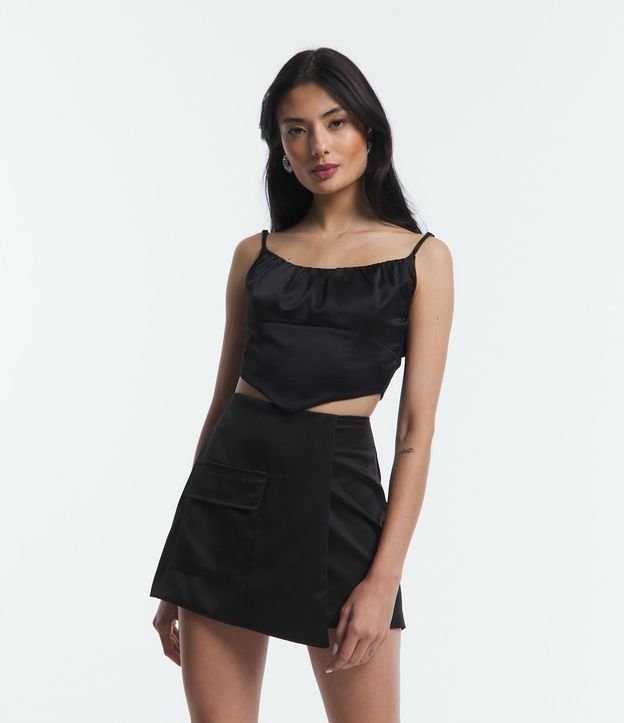 Blusa de Alça Cropped em Cetim com Busto Franzido e Lastex