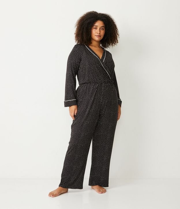 Pijama Mono en Viscolycra con Cruzado y Estampado de Lunares Curve & Plus Size Negro 1