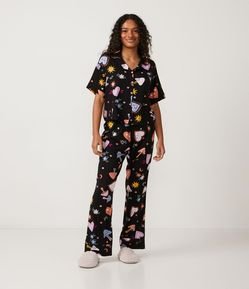 Pijama Americano Longo em Meia Malha com Estampa Cogumelos e Corações