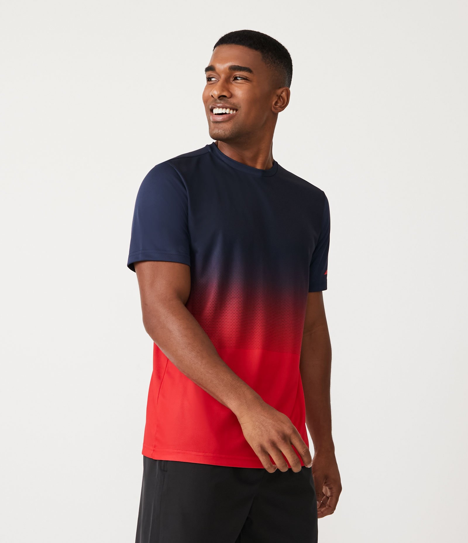 Camiseta Esportiva com Estampa Degradê e Manga Curta Vermelho Coral/ Azul 1