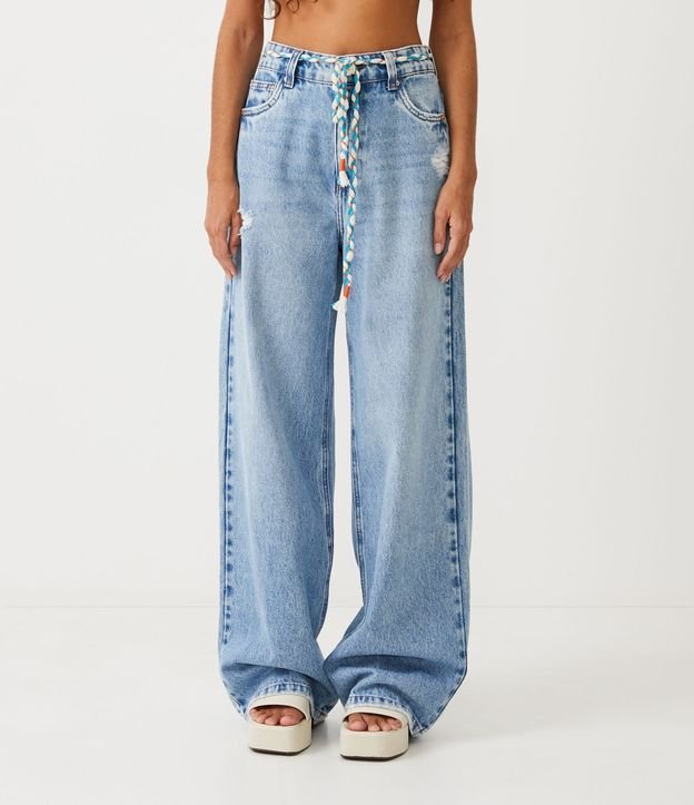 Pantalón años 90 en Jeans con Cinturón Cordón de Color con Flecos Azul 2