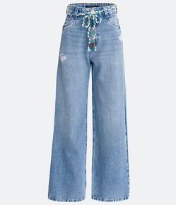 Pantalón años 90 en Jeans con Cinturón Cordón de Color con Flecos