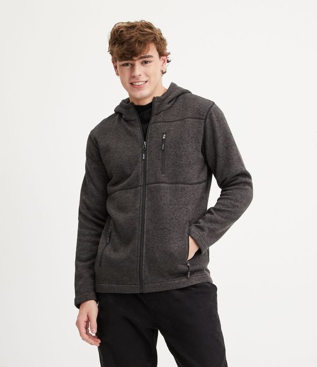 Blusão Aberto Texturizado com Pesponto Aparente e Capuz