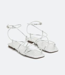 Sandália Rasteira Multi Tiras Metalizado Textura Croco