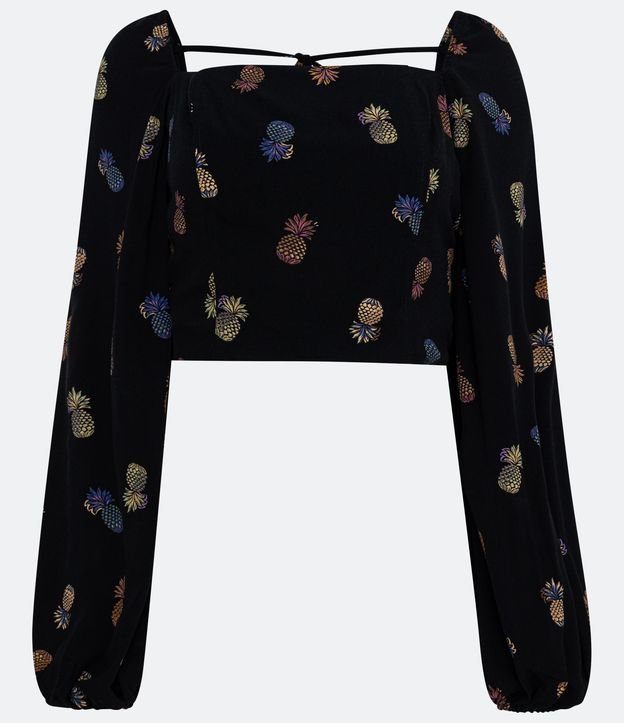 Buzo Cropped en Viscosa con Manga Larga y Estampado de Piñas Negro 6