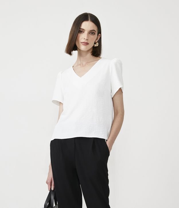 Blusa con Escote V y Manga Corta Abullonada Blanco 1