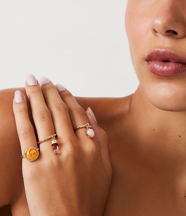 Kit 03 Anéis em Metal Fino com Pendentes de Pedras e Cristal