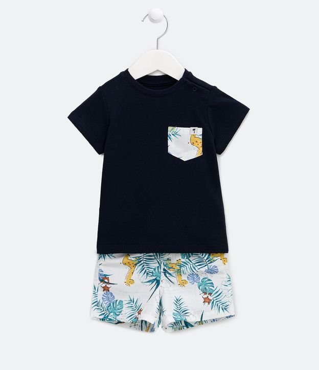 Conjunto Infantil com Bolsinho e Estampa Dinos com Folhagens - Tam 0 a 18 meses
