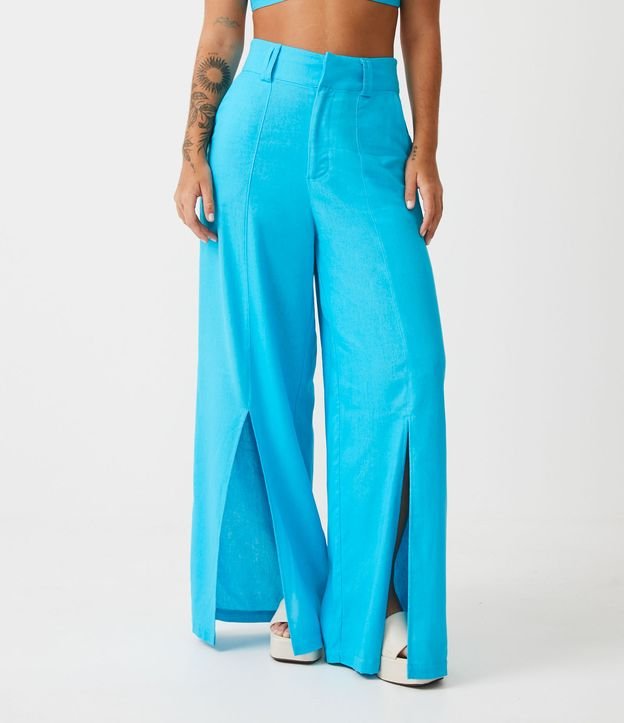 Pantalón Pantalona Sastrería en Lino con Aberturas Azul 2
