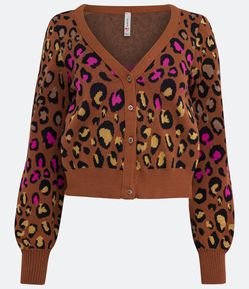 Casaco em Tricô com Abotoamento e Estampa Animal Print Onça