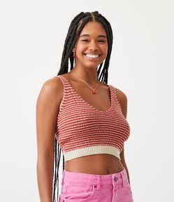 Blusa Cropped Sem Manga em Tricô com Listras Coloridas