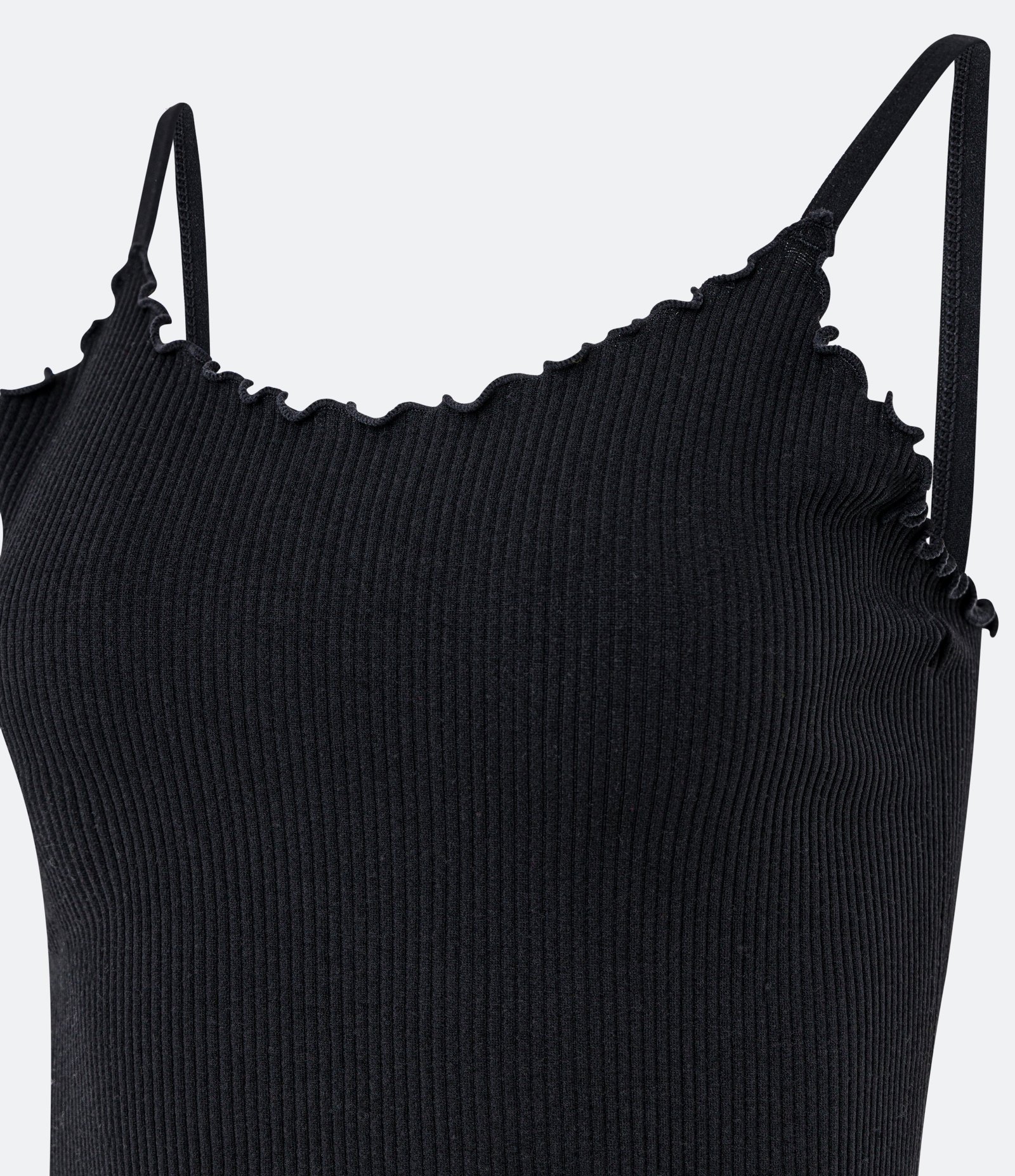 Blusa Pijama de Alça em Poliamida Canelada com Babados Preto 8