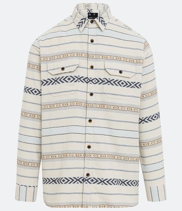 Camisa Regular en Franela con Estampa de Rayas y Bolsillos Delanteros Beige 5