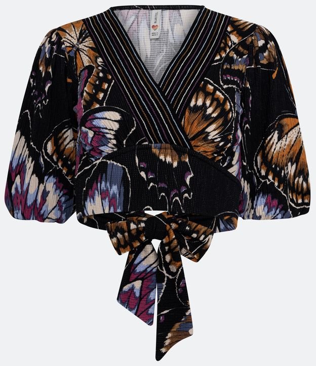 Blusa Cropped en Viscosa con Manga Corta y Estampado Mariposas Negro 5