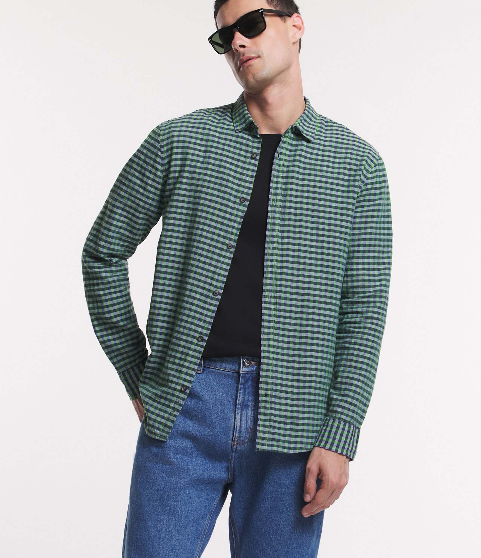 Camisa Regular em Linho com Estampa Xadrez Verde/ Roxo 5