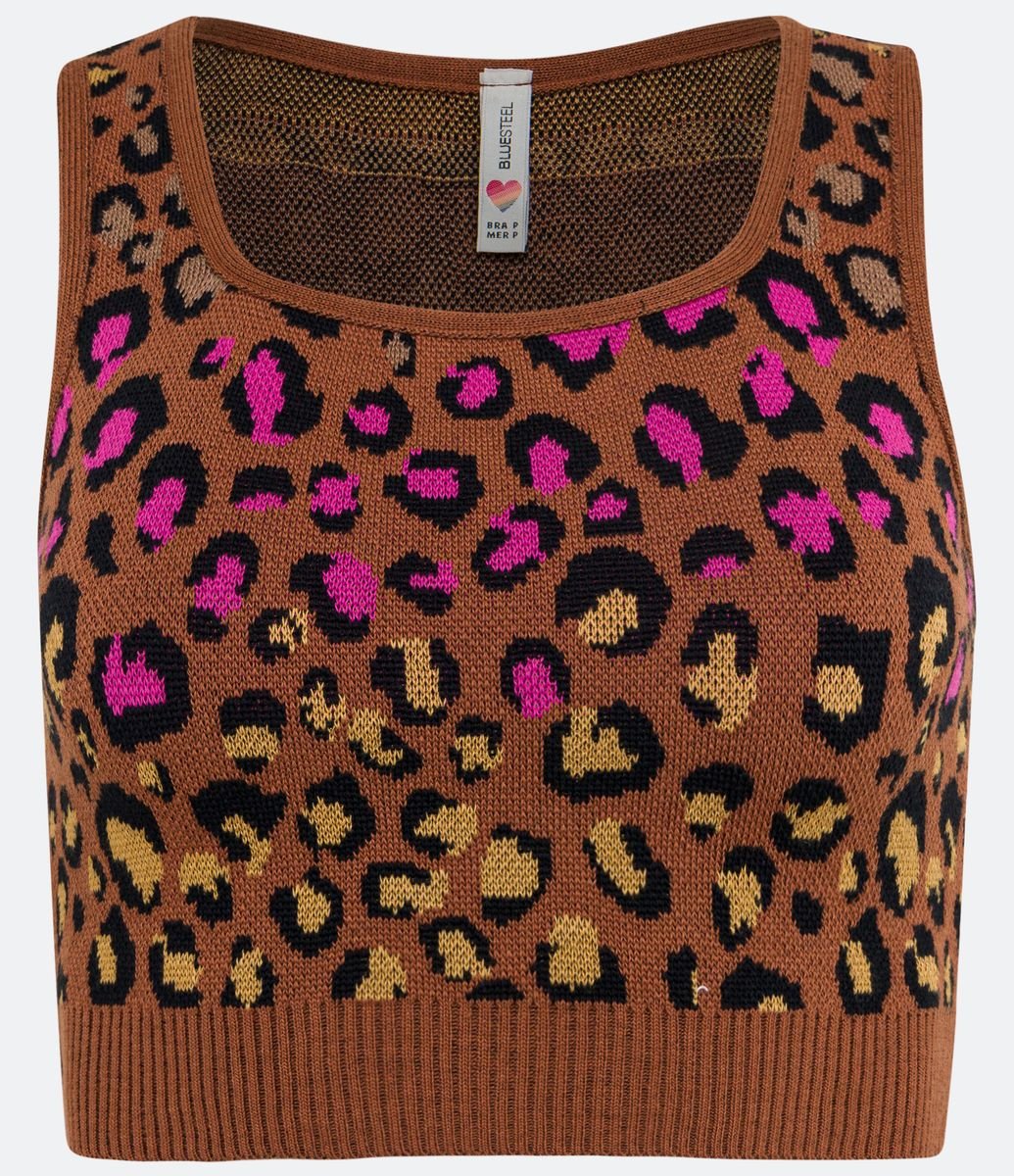 Blusa Cropped em Linho com Manga Curta e Estampa Animal Print Onça Marrom