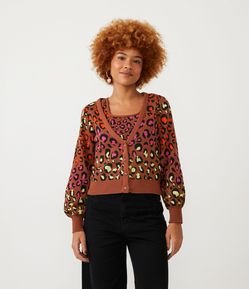 Casaco em Tricô com Punho Ajustado e Estampa Animal Print Onça