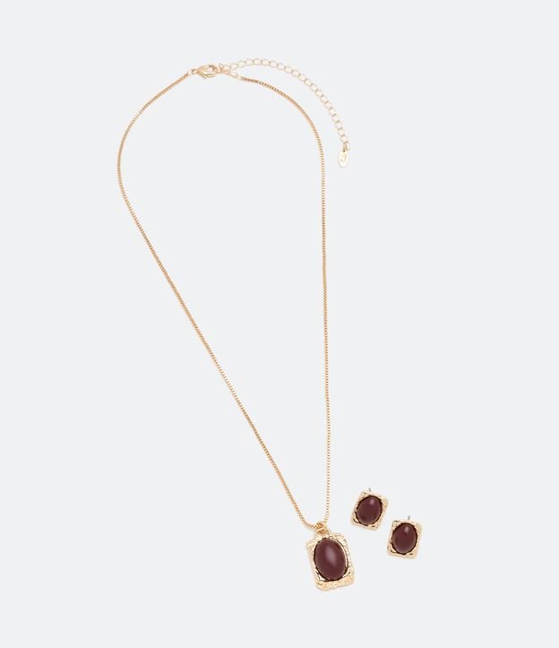 Conjunto Caravana y Collar en Metal con Formato Rectangular y Detalle en Resina Dorado 3