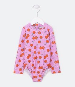 Maiô Infantil Manga Longa com Babadinhos no Bumbum e Estampa de Laranjinhas - Tam 1 a 4 Anos