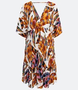 Vestido Curto em Malha Texturizada com Mangas Amplas e Estampa Bananas