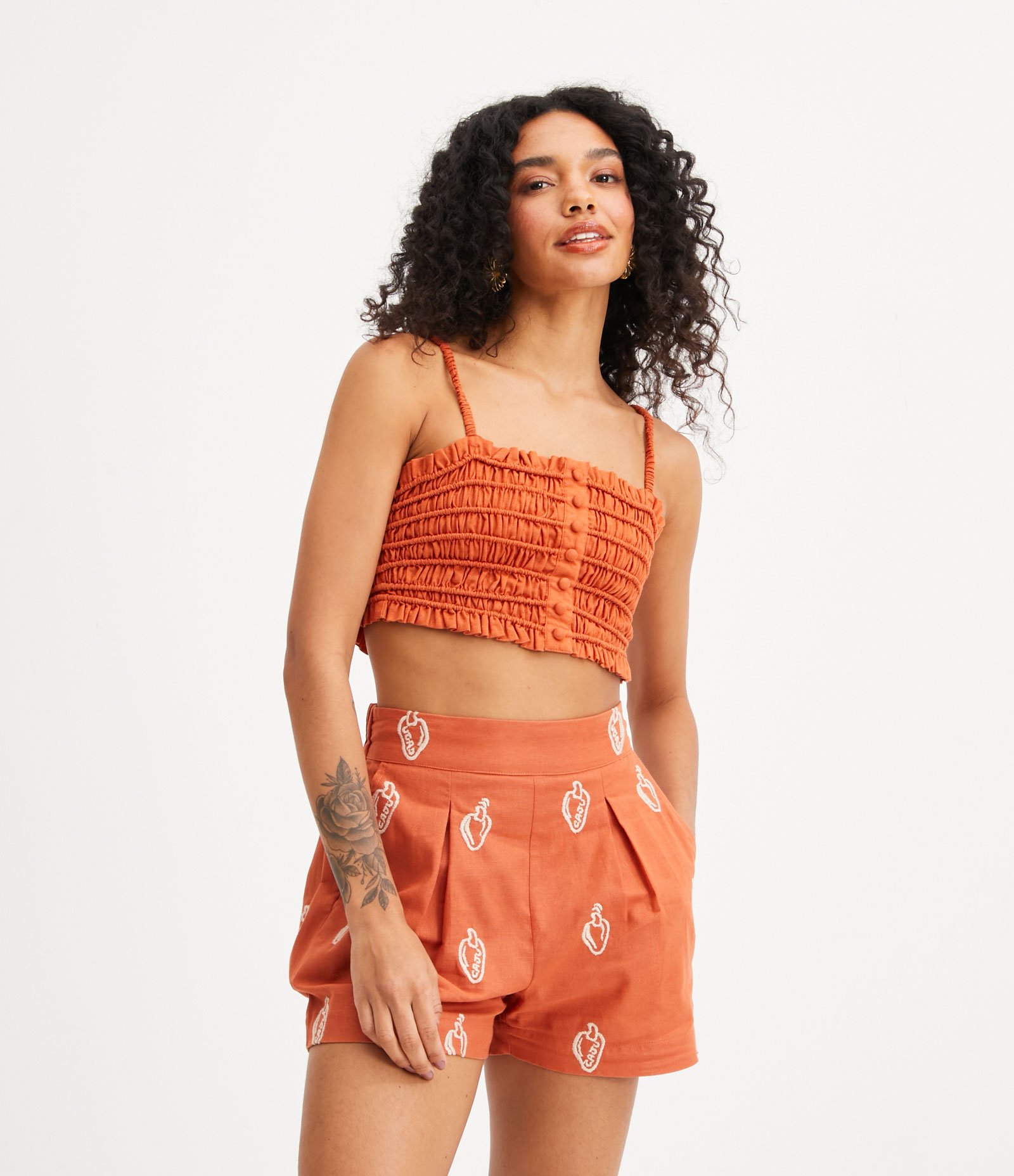 Blusa Cropped de Alça em Linho com Botões e Franzidos Laranja 1