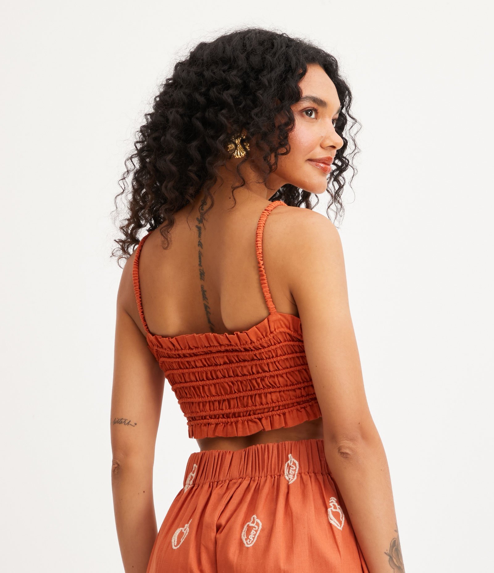 Blusa Cropped de Alça em Linho com Botões e Franzidos Laranja 3