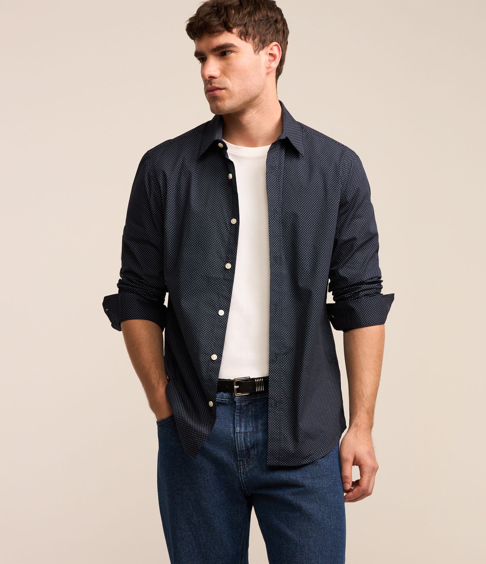 Camisa em Tricoline com Mini Poás Estampados Azul 3