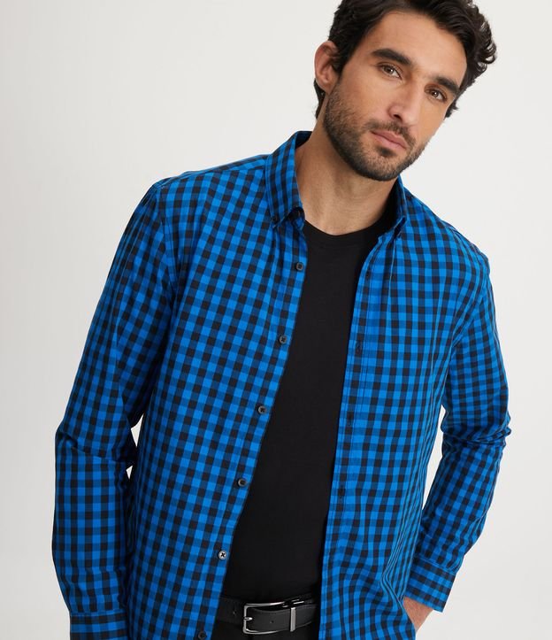 Camisa de flanela de algodão com estampa xadrez e colarinho abotoado (Azul  Claro) - Homens