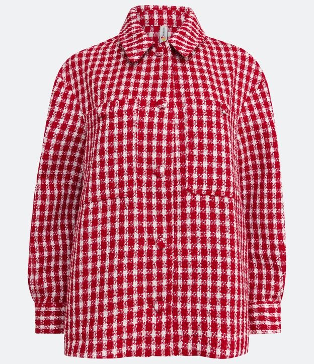 Camisa Alongada com Manga Longa Bolsos e Estampa Xadrez Vermelho