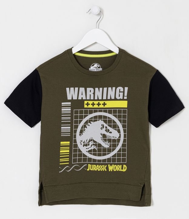 Camiseta Infantil com Barra Mullet e Estampa Jurassic World - 5 a 14 Anos - Cor: Verde Oliva - Tamanho: 11-12