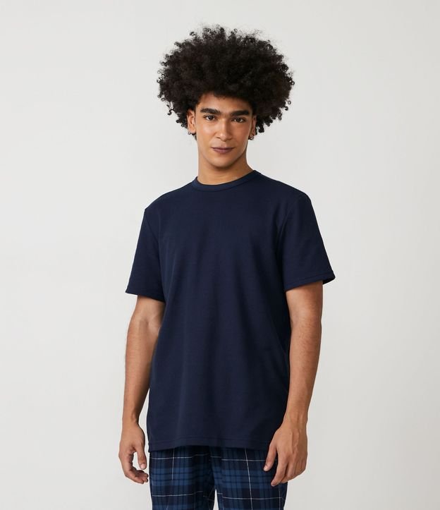 Camiseta de Pijama em Algodão com Textura Waffle e Manga Curta Azul Escuro 1