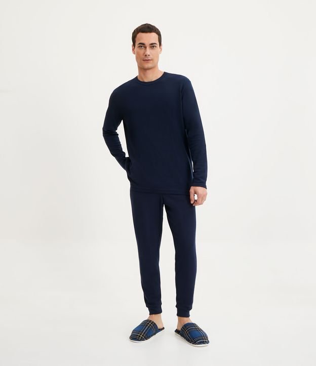 Calça Jogger de Pijama em Algodão com Textura Waffle e Bolsos - Cor: Azul - Tamanho: G