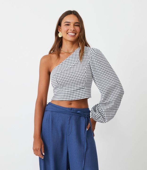 Conjunto Feminino com Estampa Xadrez Cropped Curta com Manga Longa