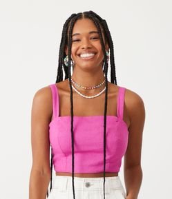 Blusa Cropped de Alça em Linho com Lastex nas Costas