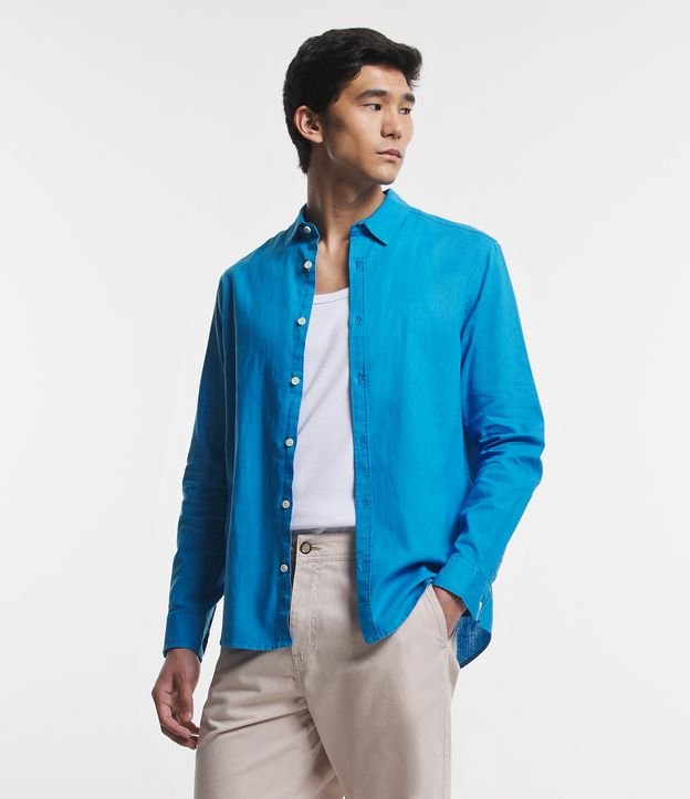 Camisa Comfort Básica em Linho com Algodão Azul 1