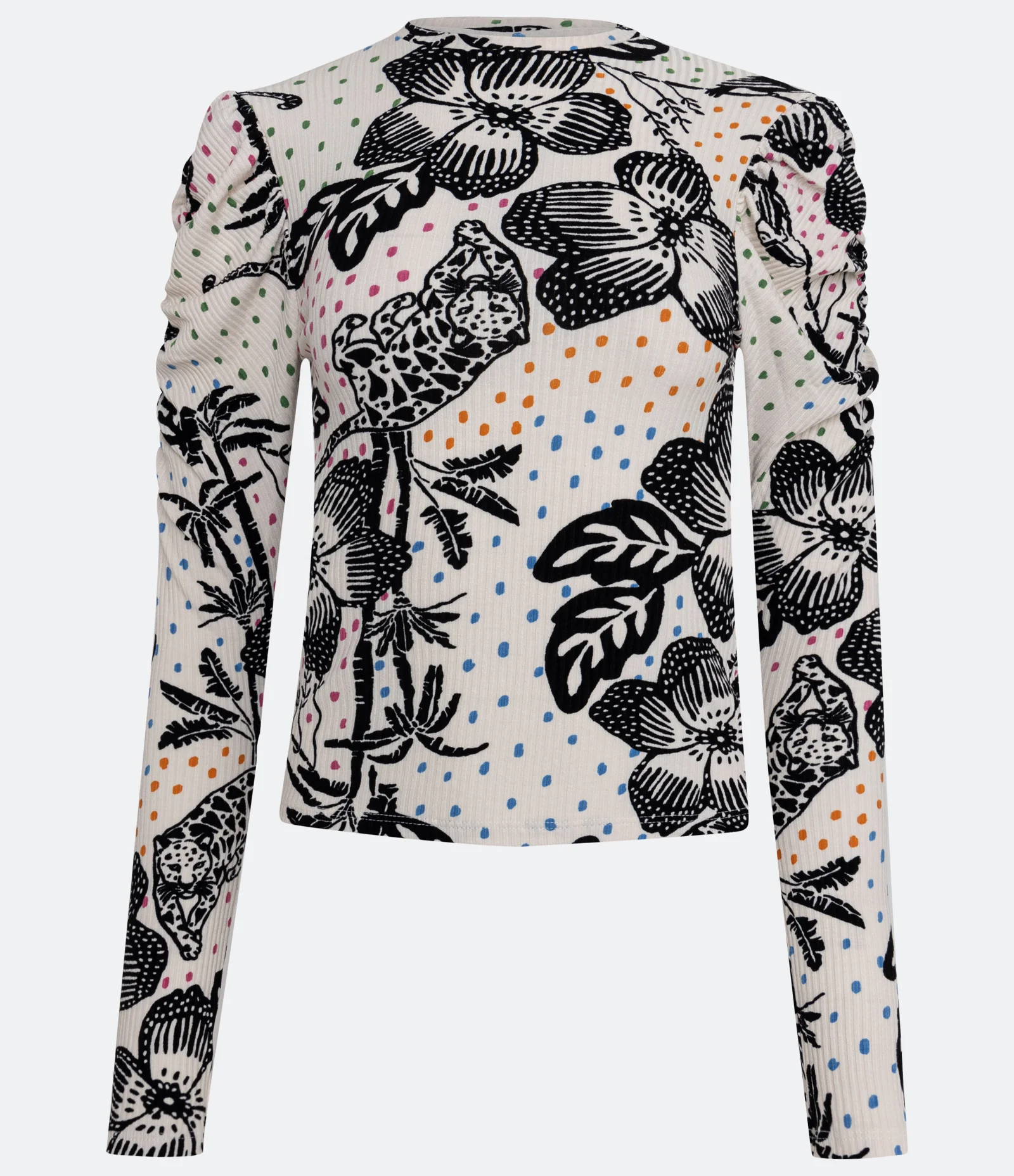 Blusa em Viscose com Manga Bufante e Estampa Selva Off White 1