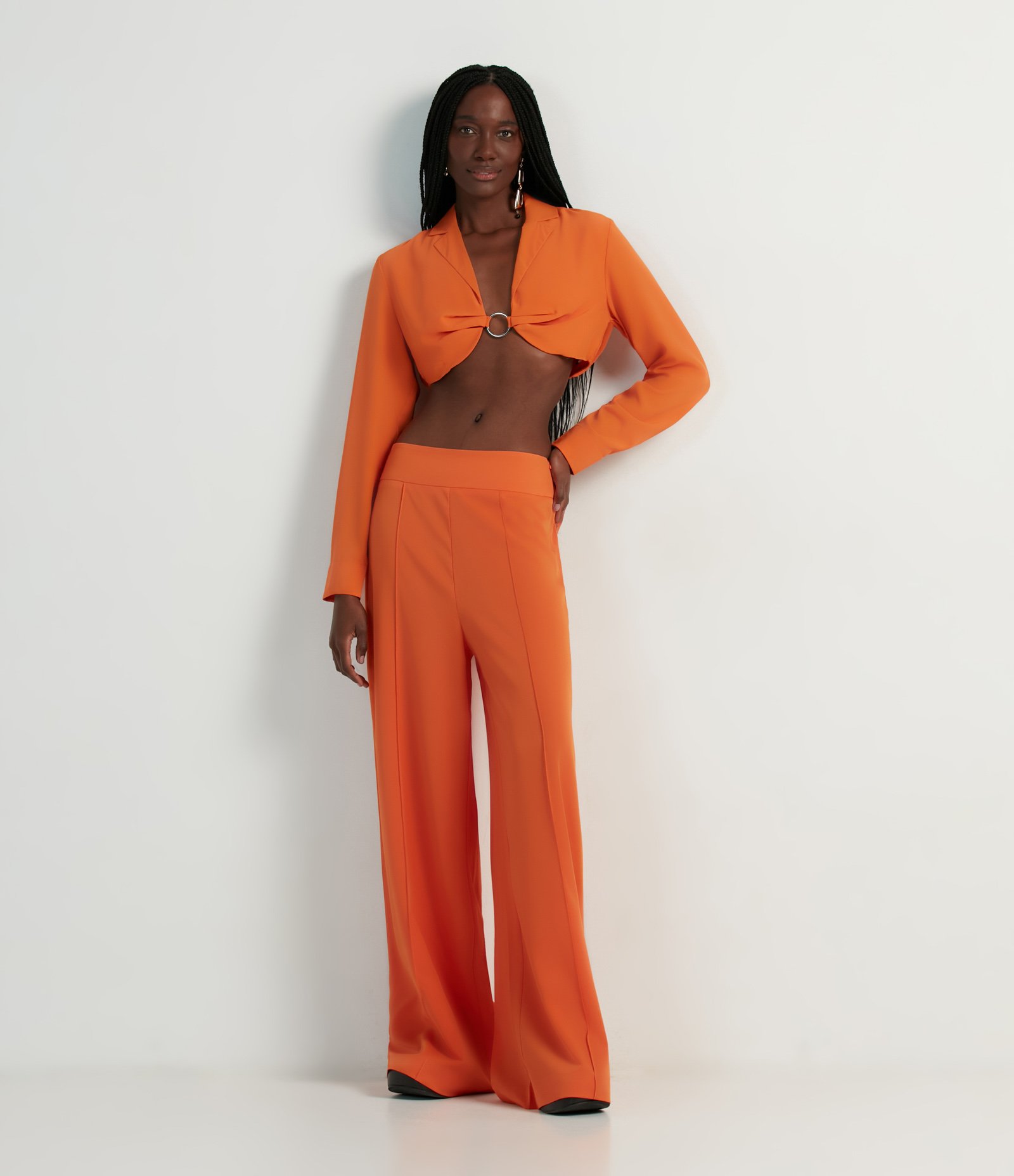 Calça Pantalona em Crepe com Friso Frontal Laranja 1