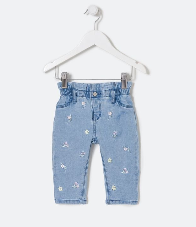 Calça Clochard Infantil em Jeans com Bordado de Florzinhas - Tam 3 a 24 meses - Cor: Azul - Tamanho: 3-6M