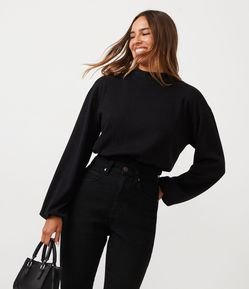 Blusa Cropped em RIbana com Golinha Alta e Manga Longa