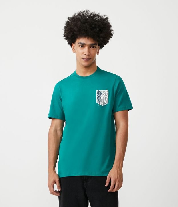 Camiseta Regular em Meia Malha com Estampa Brasão Attack On Titan - Cor: Verde - Tamanho: P
