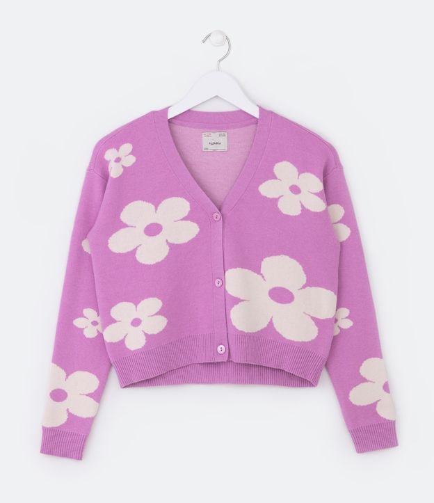 Cardigan em Tricô Quentinho com Estampa Floral - Tam 5 a 14 Anos
