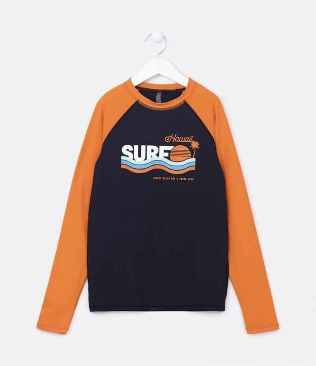 Camiseta Infantil com Proteção UV e Estampa Surf - Tam 5 a 14 Anos Preto/Laranja 1