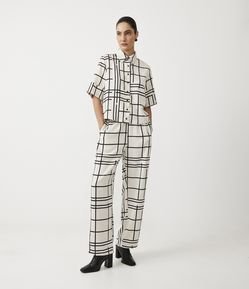 Calça Wide Leg  em Crepe Xadrez Grid