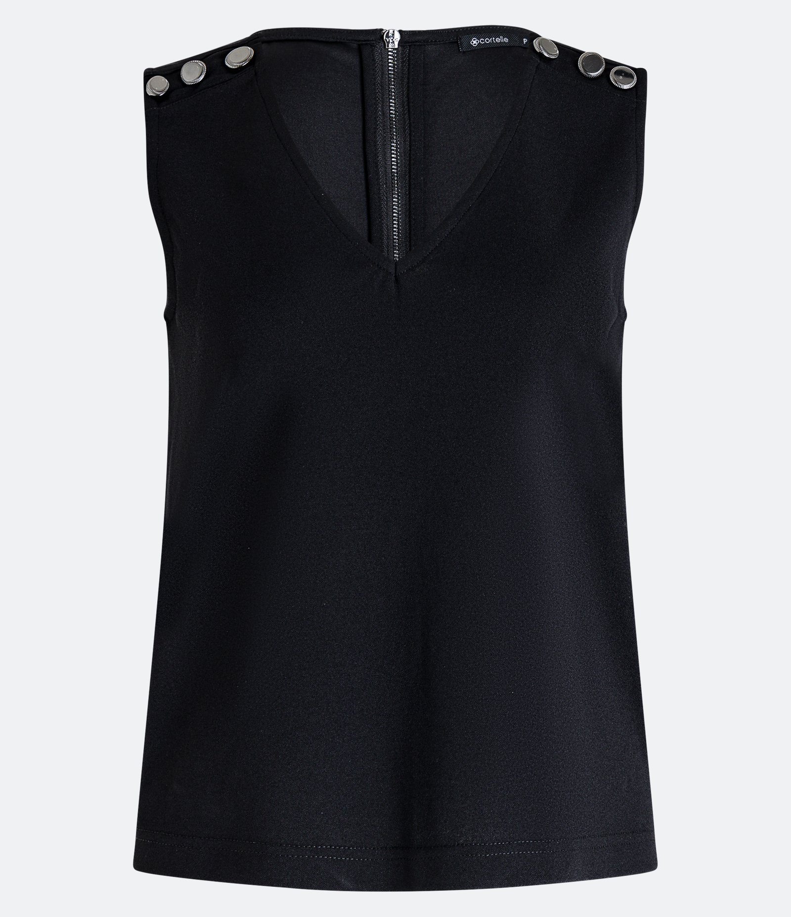 Blusa sem Manga em Crepe com Decote V e Botões no Ombro Preto 5