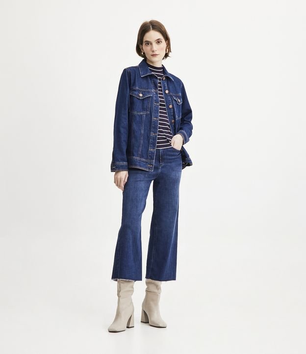 Jaqueta Alongada Jeans com Bolsos Frontais Azul 2