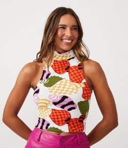 Blusa Cropped Sem Manga em Ribana com Estampa de Cajus