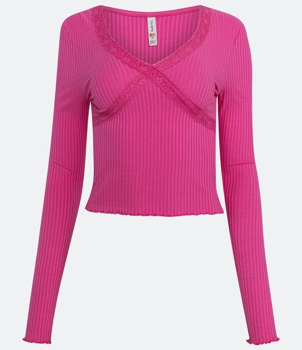 Blusa en Ribana con Encaje y Manga Larga Rosado 5